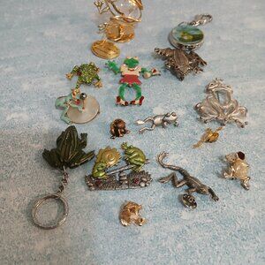 Collection of Vintage Frogs-Brooches, Pins, Figurine, Keychain, Pocket Watch